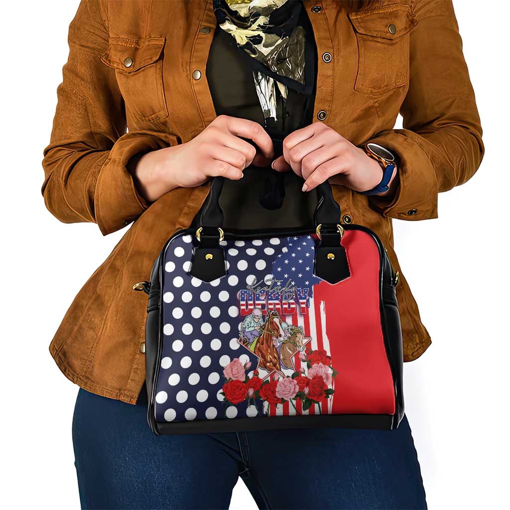Kentucky Horses Racing Shoulder Handbag US Flag Grunge and Dot Pattern Blue Color LT03