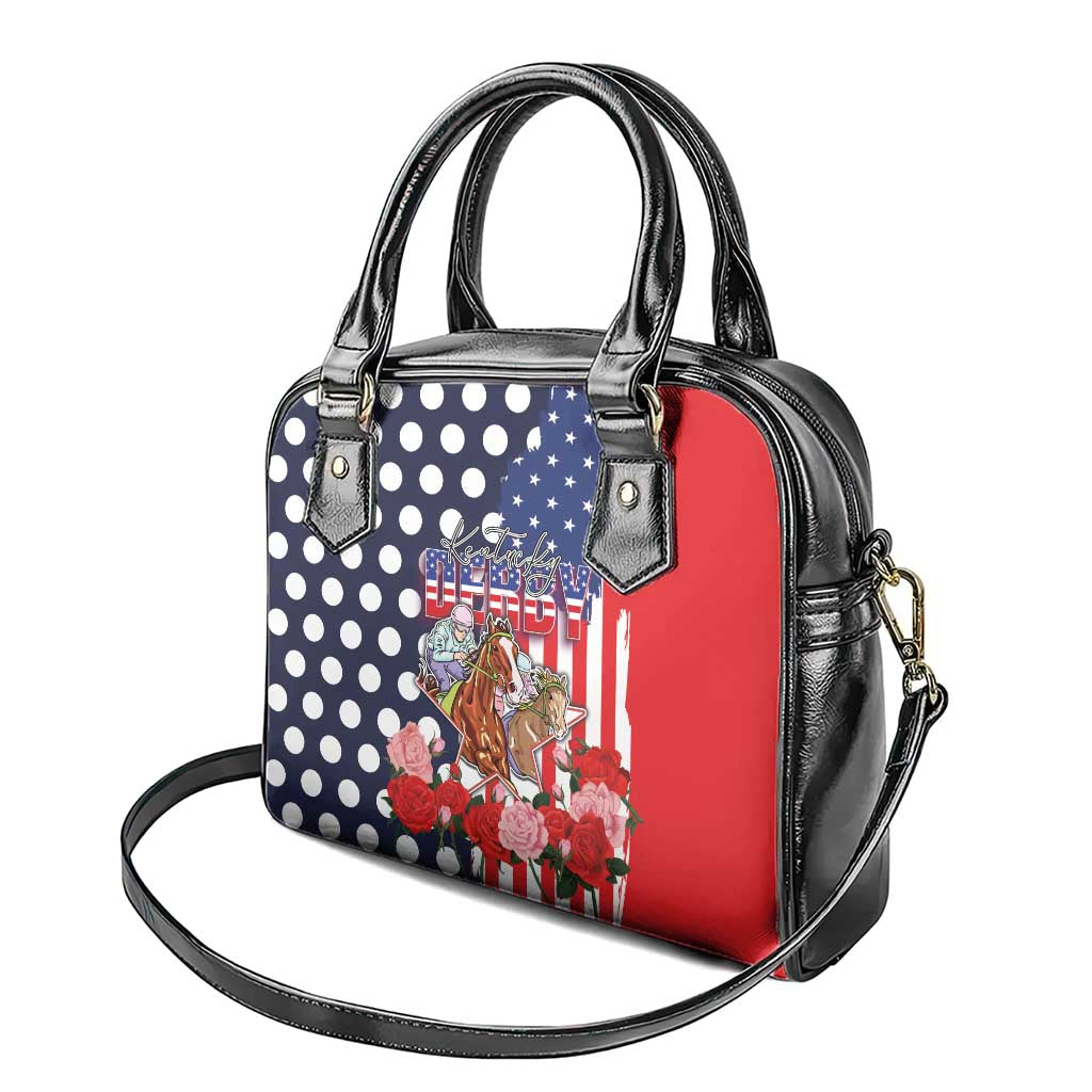 Kentucky Horses Racing Shoulder Handbag US Flag Grunge and Dot Pattern Blue Color LT03