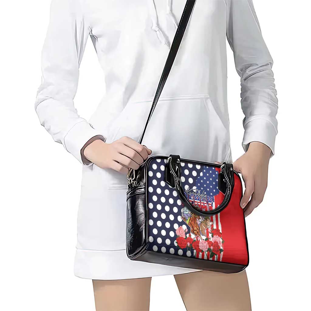 Kentucky Horses Racing Shoulder Handbag US Flag Grunge and Dot Pattern Blue Color LT03