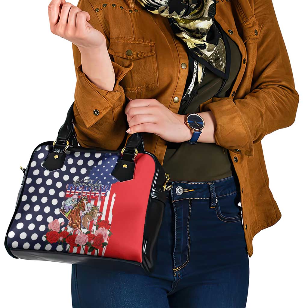 Kentucky Horses Racing Shoulder Handbag US Flag Grunge and Dot Pattern Blue Color LT03