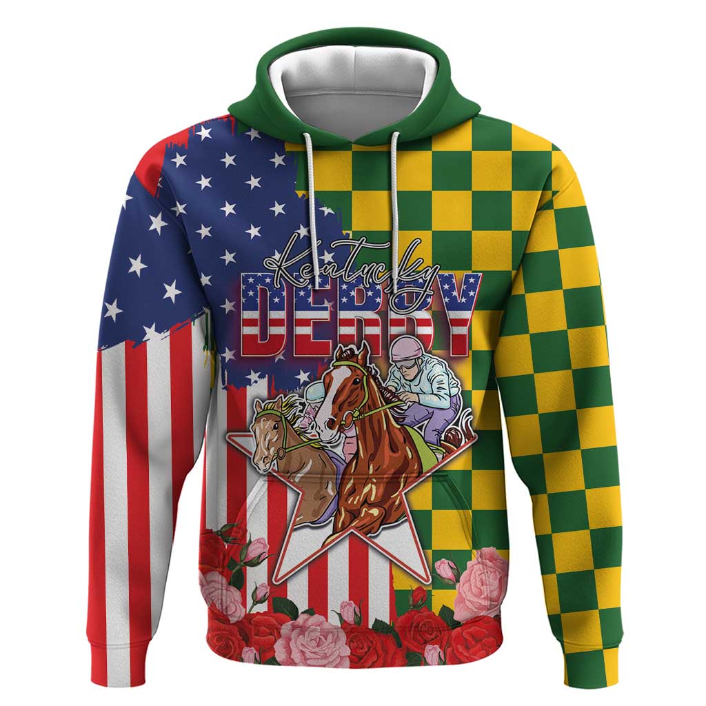 Kentucky Horses Racing Hoodie US Flag Grunge and Check Pattern Green Color LT03