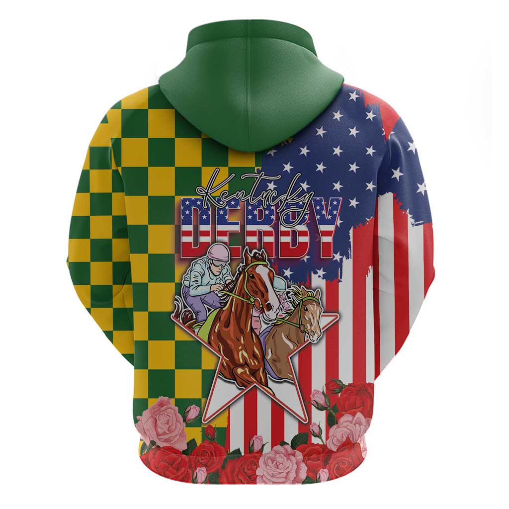 Kentucky Horses Racing Hoodie US Flag Grunge and Check Pattern Green Color LT03