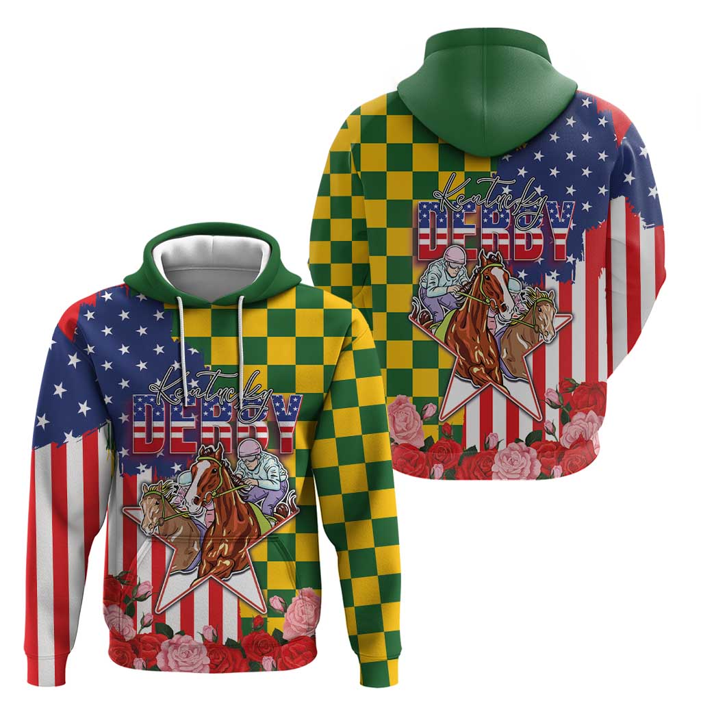 Kentucky Horses Racing Hoodie US Flag Grunge and Check Pattern Green Color LT03
