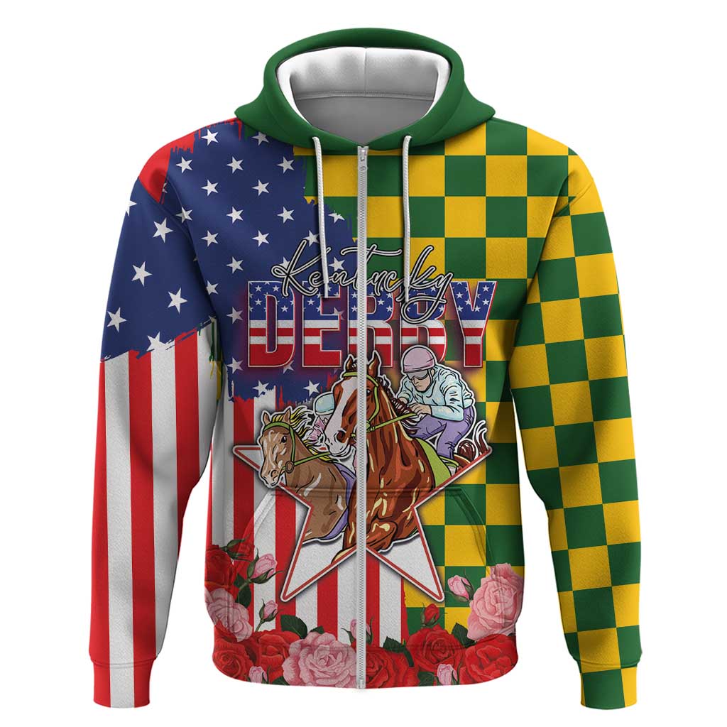 Kentucky Horses Racing Hoodie US Flag Grunge and Check Pattern Green Color LT03