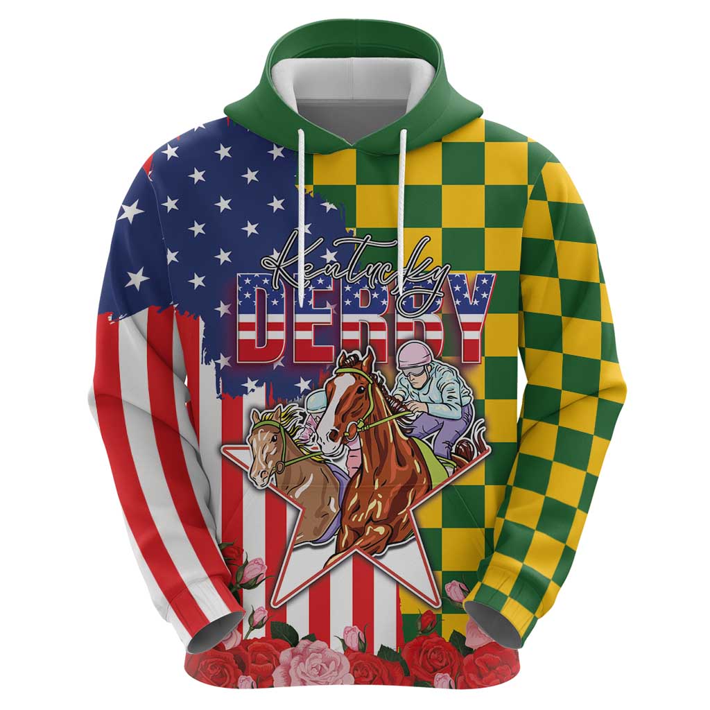 Kentucky Horses Racing Hoodie US Flag Grunge and Check Pattern Green Color LT03