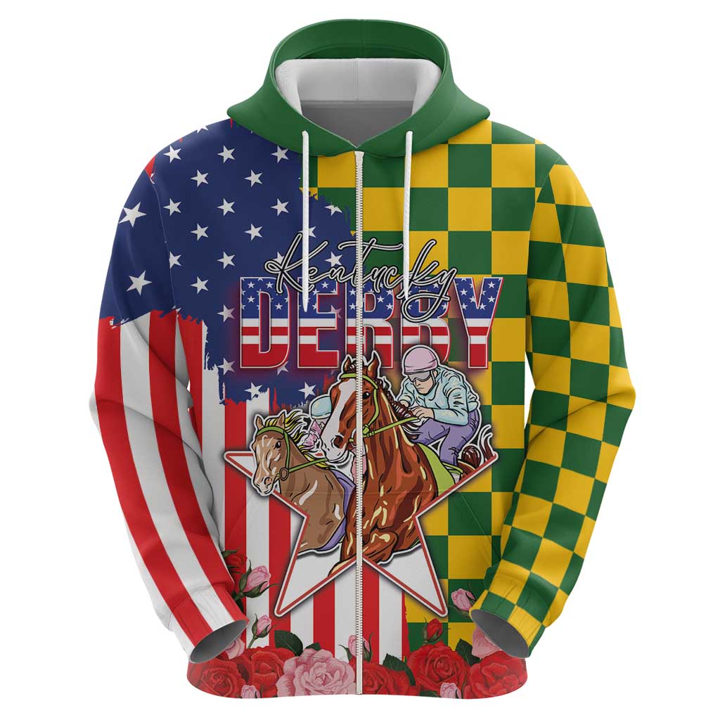 Kentucky Horses Racing Hoodie US Flag Grunge and Check Pattern Green Color LT03