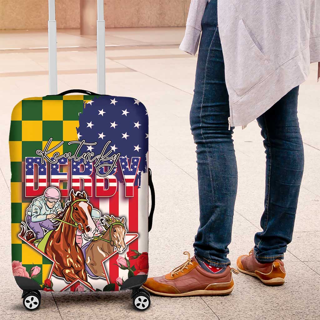 Kentucky Horses Racing Luggage Cover US Flag Grunge and Check Pattern Green Color LT03