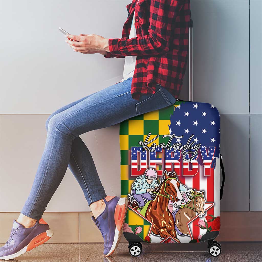 Kentucky Horses Racing Luggage Cover US Flag Grunge and Check Pattern Green Color LT03