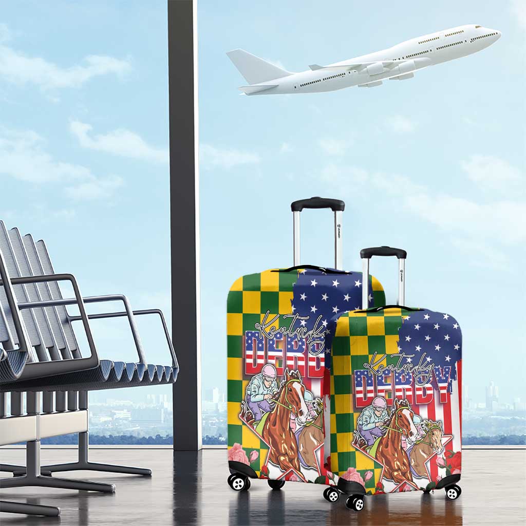 Kentucky Horses Racing Luggage Cover US Flag Grunge and Check Pattern Green Color LT03