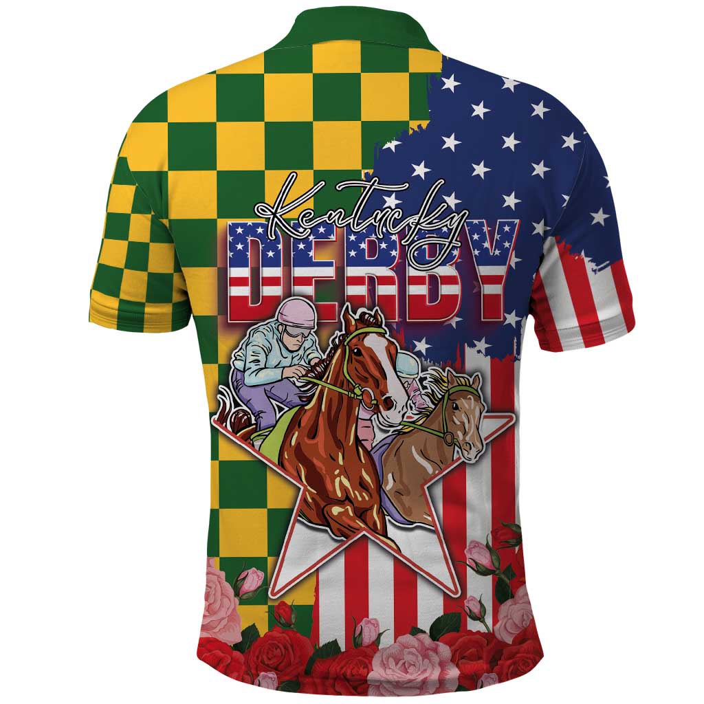 Kentucky Horses Racing Polo Shirt US Flag Grunge and Check Pattern Green Color LT03