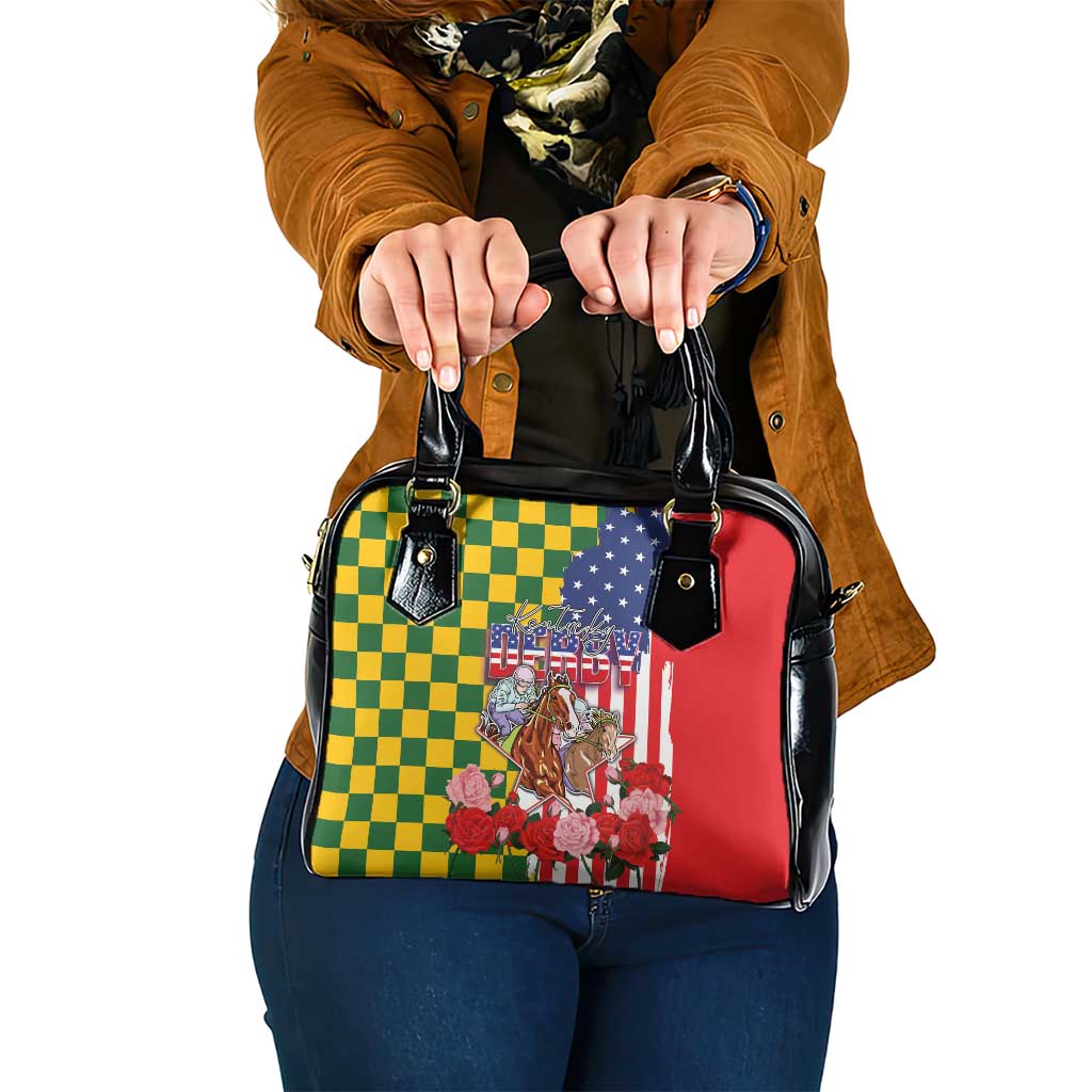 Kentucky Horses Racing Shoulder Handbag US Flag Grunge and Check Pattern Green Color LT03