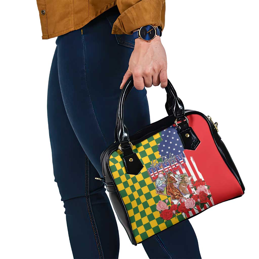 Kentucky Horses Racing Shoulder Handbag US Flag Grunge and Check Pattern Green Color LT03