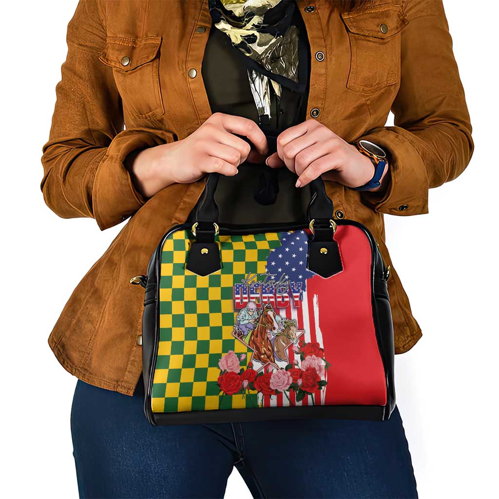Kentucky Horses Racing Shoulder Handbag US Flag Grunge and Check Pattern Green Color LT03