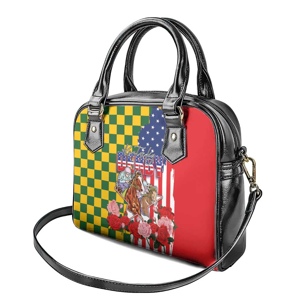 Kentucky Horses Racing Shoulder Handbag US Flag Grunge and Check Pattern Green Color LT03