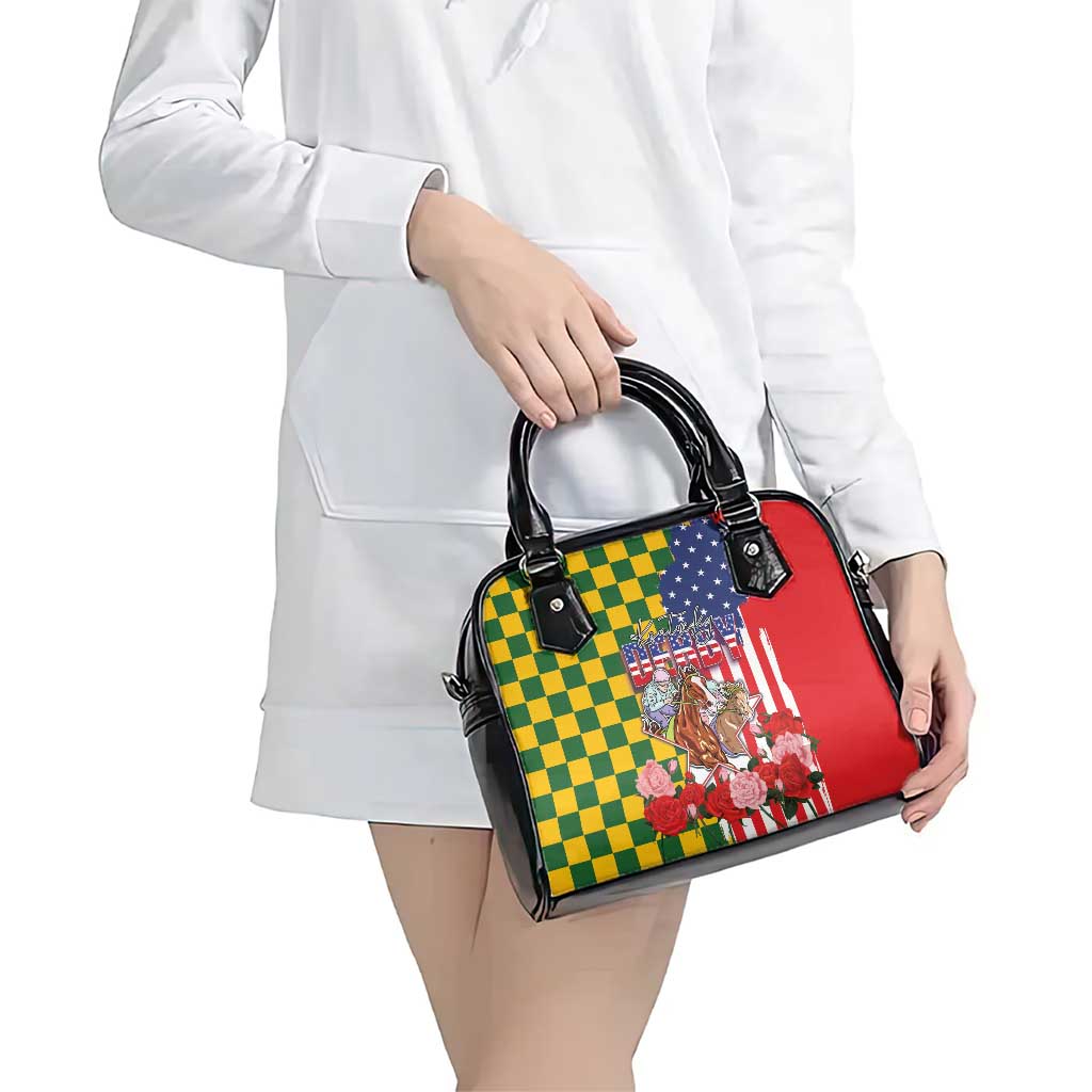 Kentucky Horses Racing Shoulder Handbag US Flag Grunge and Check Pattern Green Color LT03