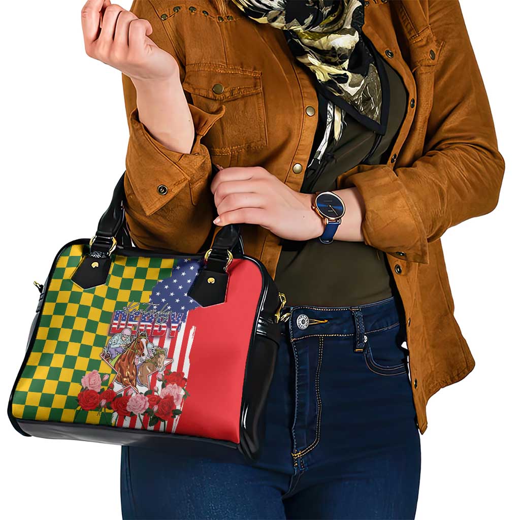 Kentucky Horses Racing Shoulder Handbag US Flag Grunge and Check Pattern Green Color LT03