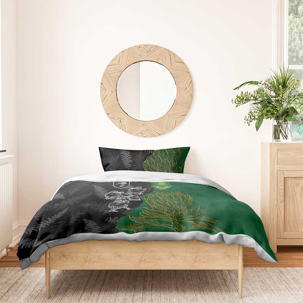 Aotearoa South Africa Rugby Freedom Cup Bedding Set Kiwi Warriors Haka with King Protea Symbol LT03