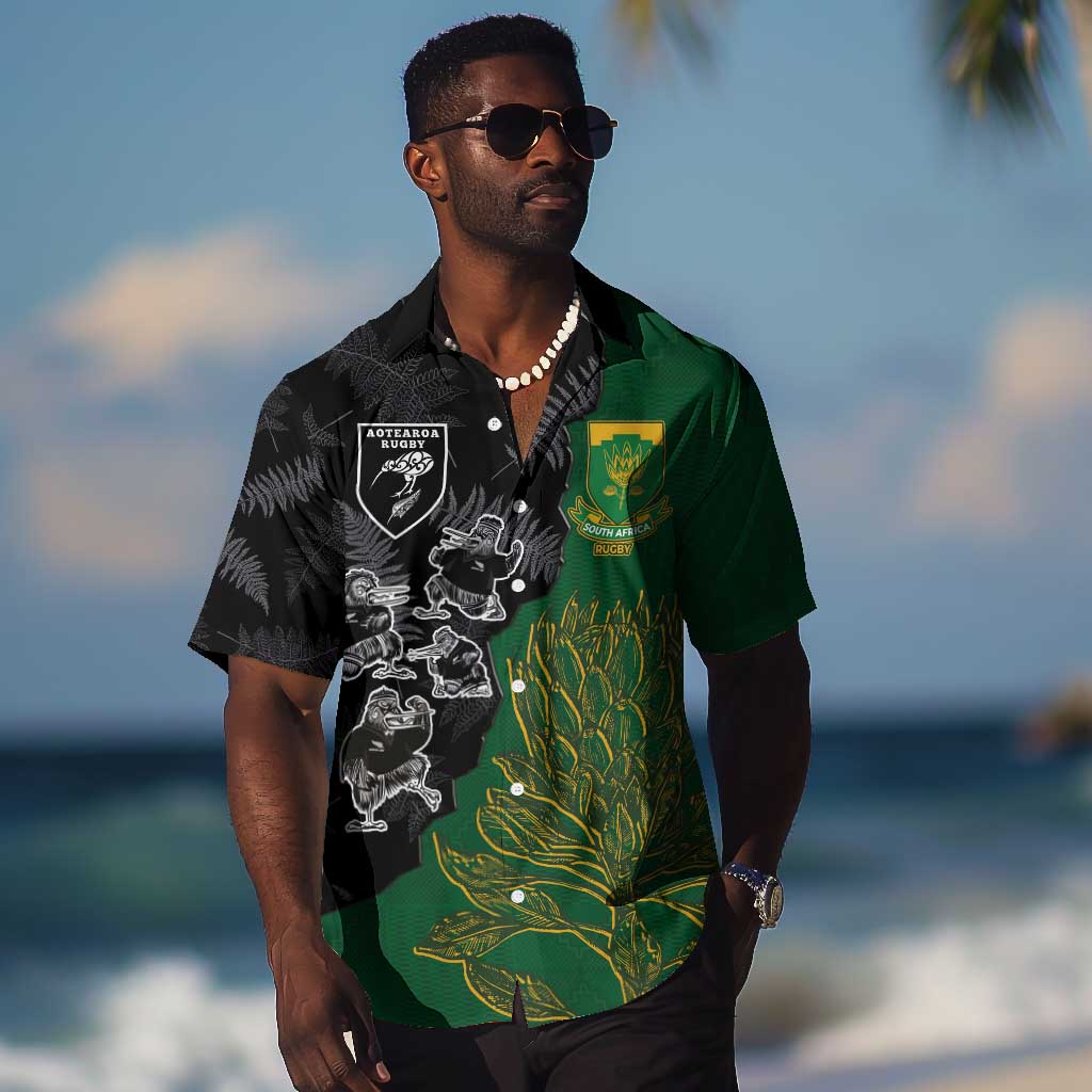 Custom Aotearoa South Africa Rugby Freedom Cup Hawaiian Shirt Kiwi Warriors Haka with King Protea Symbol LT03