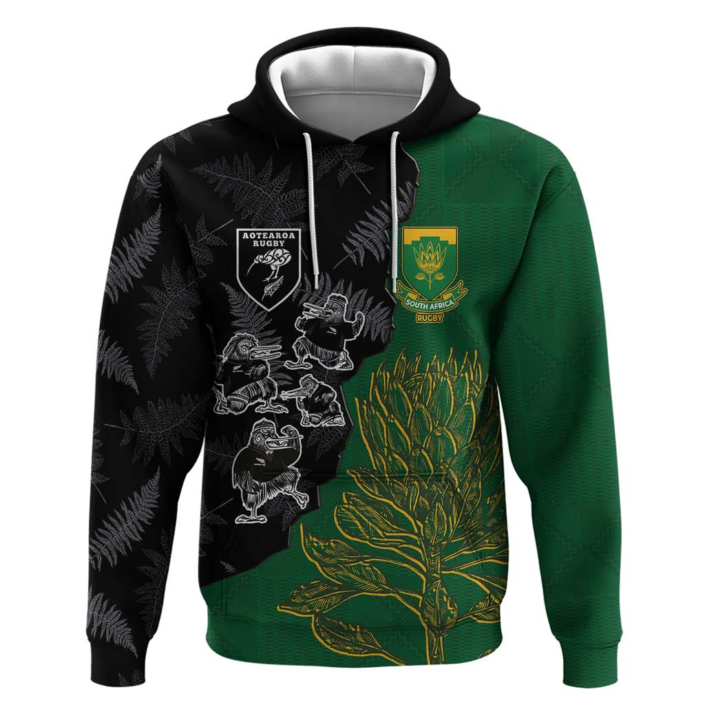 Custom Aotearoa South Africa Rugby Freedom Cup Hoodie Kiwi Warriors Haka with King Protea Symbol LT03