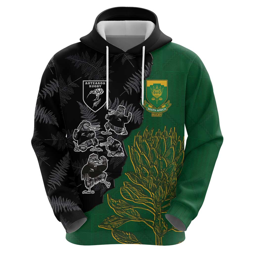 Custom Aotearoa South Africa Rugby Freedom Cup Hoodie Kiwi Warriors Haka with King Protea Symbol LT03