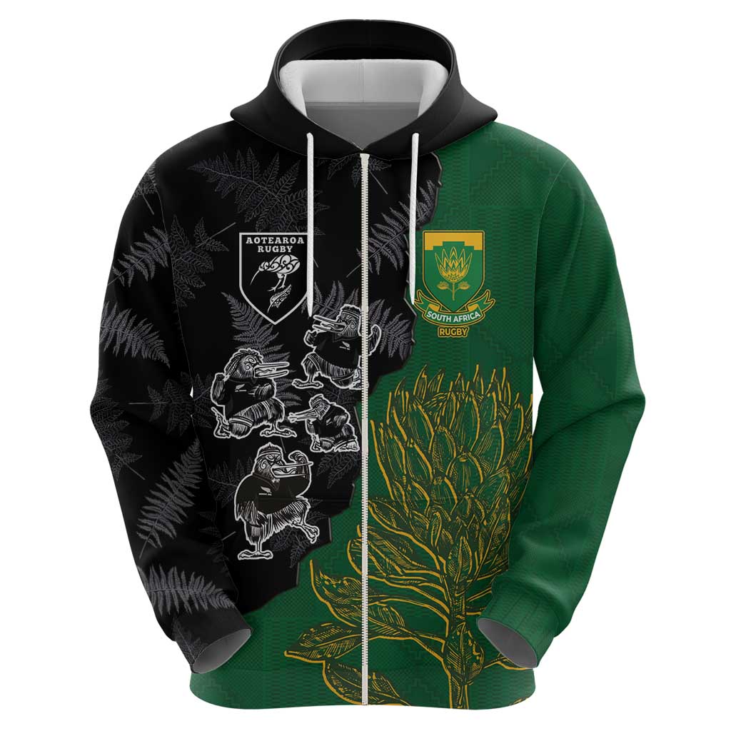 Custom Aotearoa South Africa Rugby Freedom Cup Hoodie Kiwi Warriors Haka with King Protea Symbol LT03
