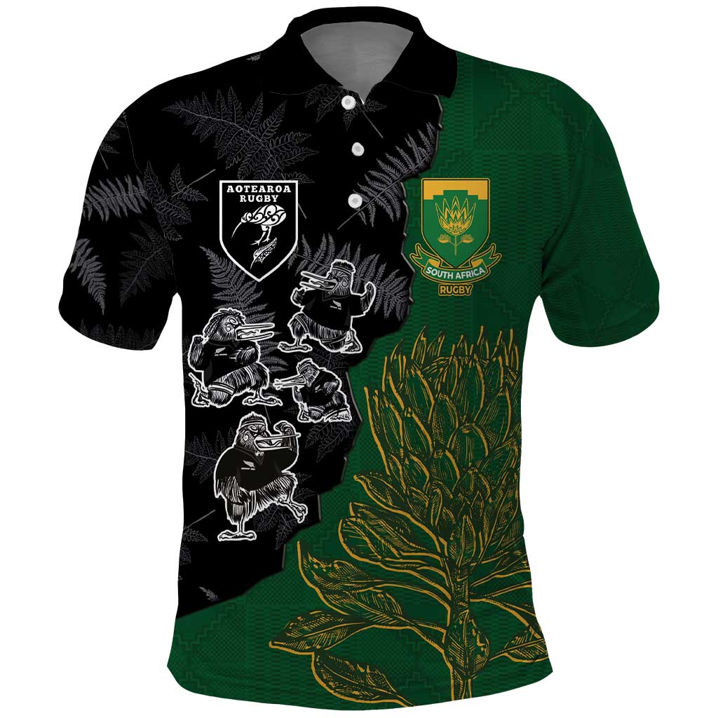 Custom Aotearoa South Africa Rugby Freedom Cup Polo Shirt Kiwi Warriors Haka with King Protea Symbol LT03