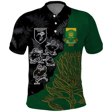 Custom Aotearoa South Africa Rugby Freedom Cup Polo Shirt Kiwi Warriors Haka with King Protea Symbol LT03