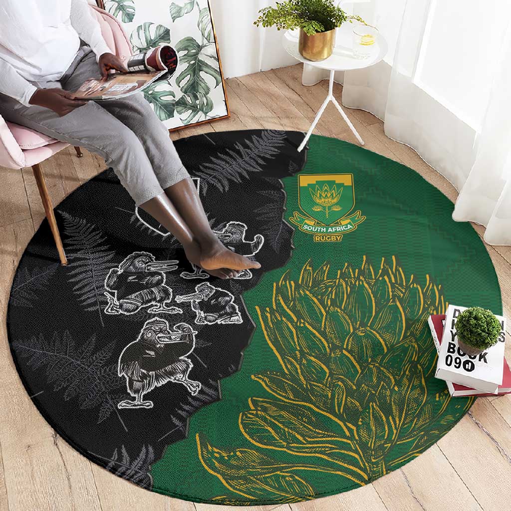 Aotearoa South Africa Rugby Freedom Cup Round Carpet Kiwi Warriors Haka with King Protea Symbol LT03