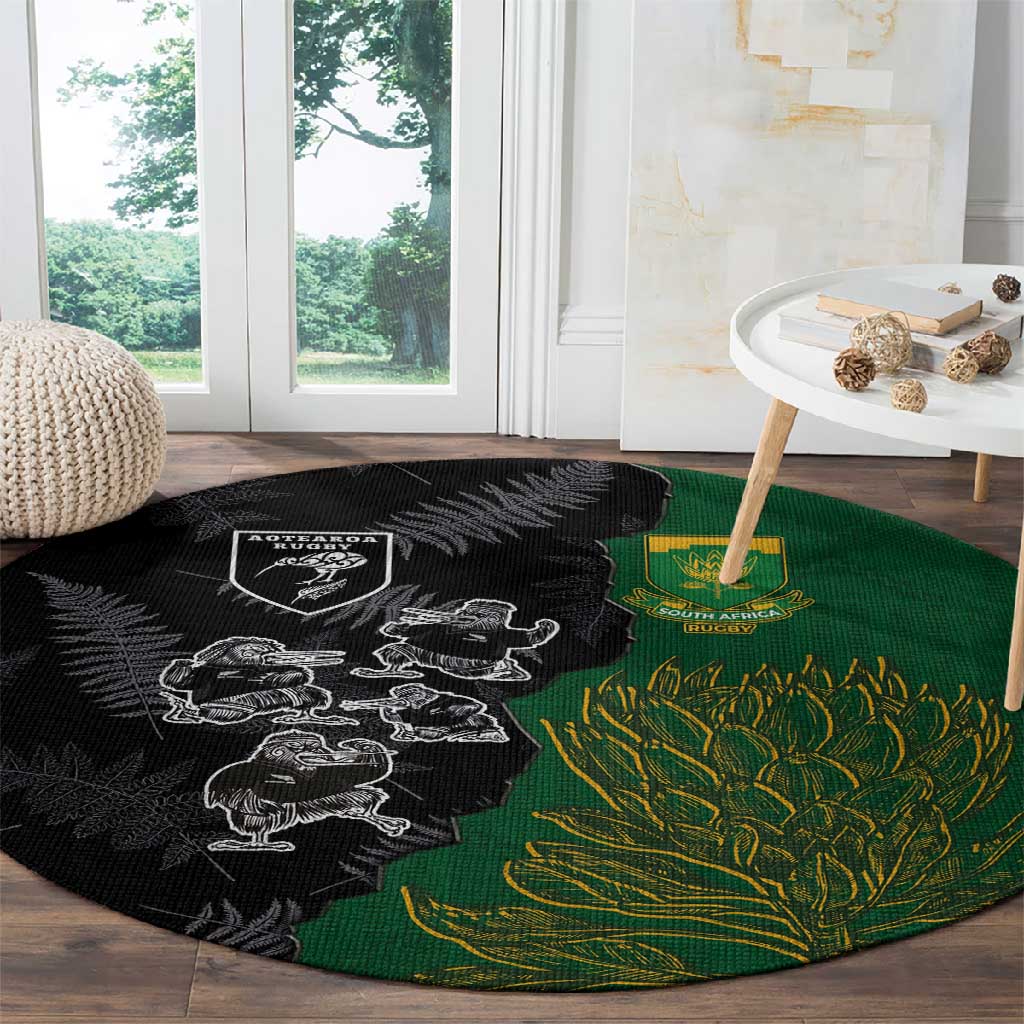 Aotearoa South Africa Rugby Freedom Cup Round Carpet Kiwi Warriors Haka with King Protea Symbol LT03