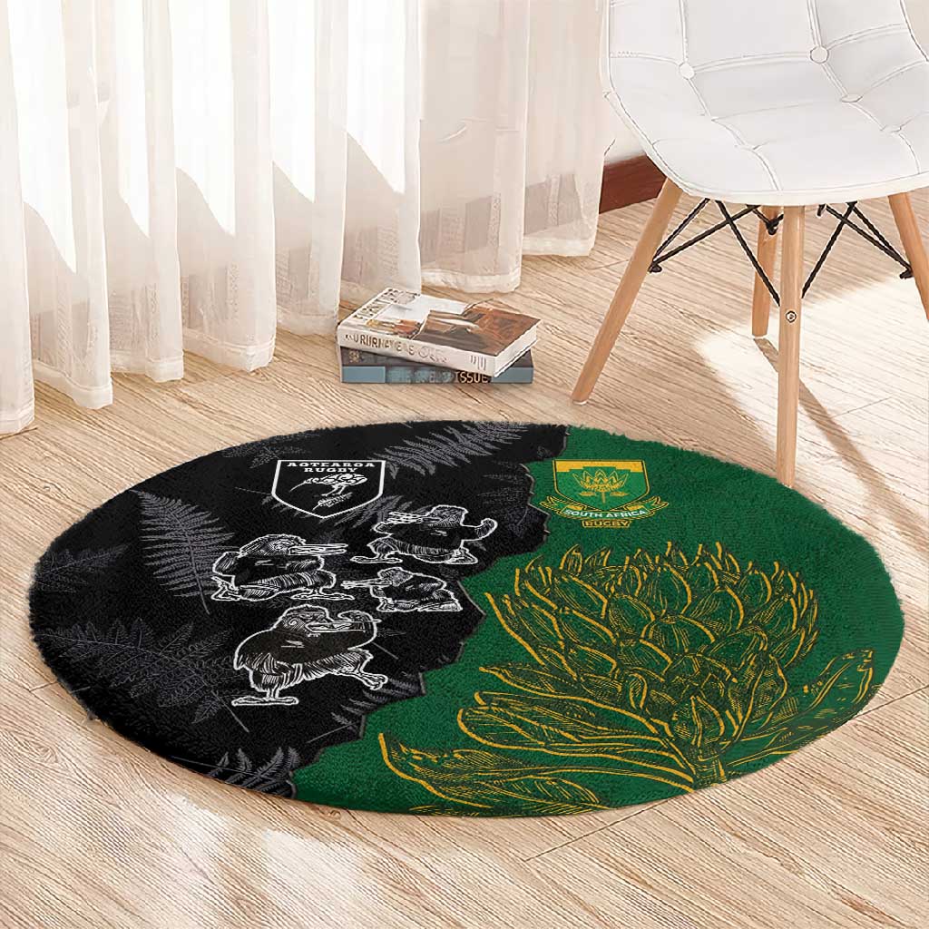 Aotearoa South Africa Rugby Freedom Cup Round Carpet Kiwi Warriors Haka with King Protea Symbol LT03