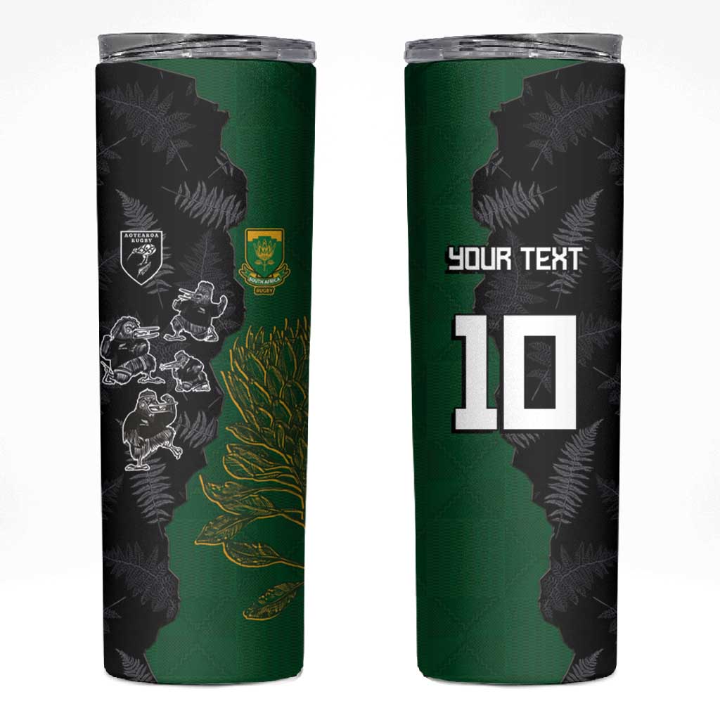 Custom Aotearoa South Africa Rugby Freedom Cup Skinny Tumbler Kiwi Warriors Haka with King Protea Symbol LT03
