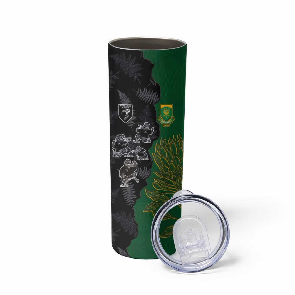Custom Aotearoa South Africa Rugby Freedom Cup Skinny Tumbler Kiwi Warriors Haka with King Protea Symbol LT03