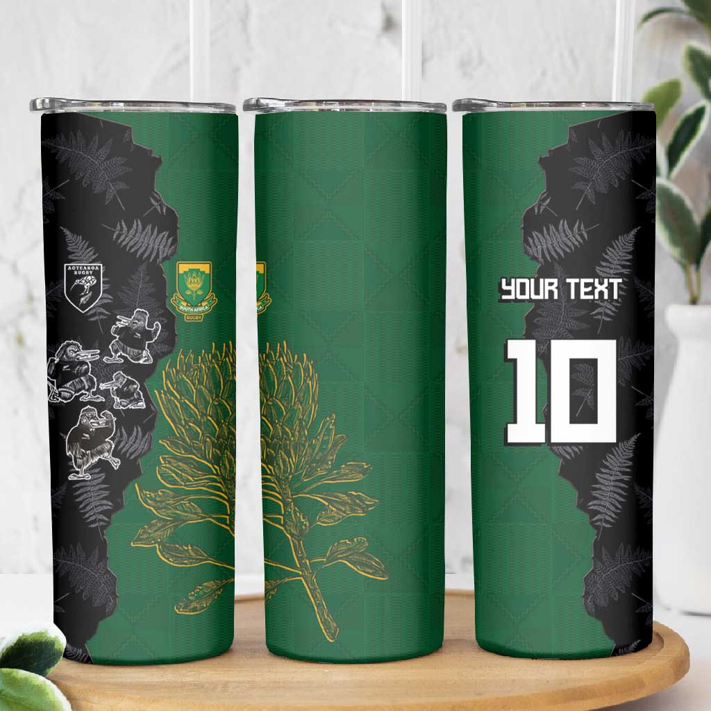 Custom Aotearoa South Africa Rugby Freedom Cup Skinny Tumbler Kiwi Warriors Haka with King Protea Symbol LT03