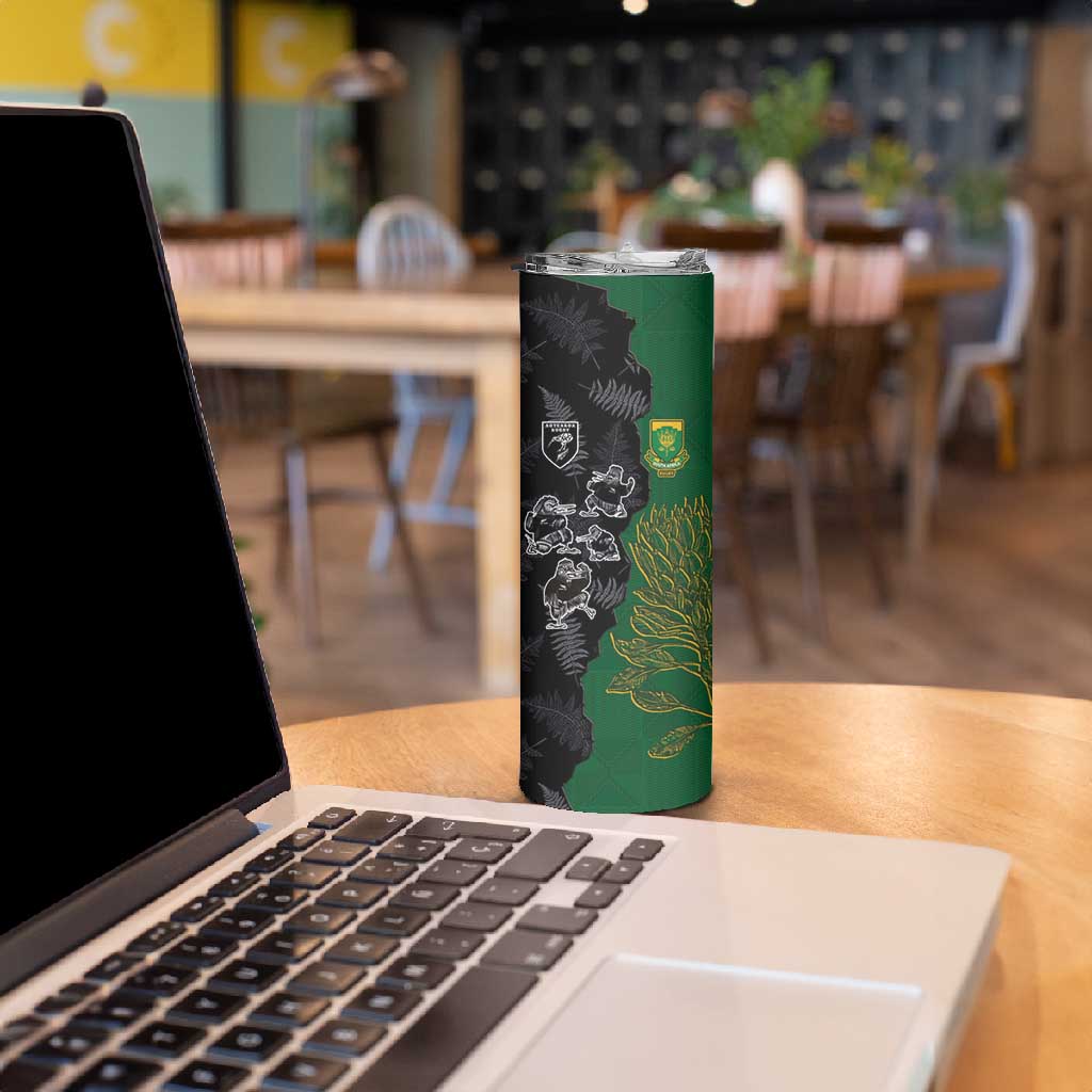 Custom Aotearoa South Africa Rugby Freedom Cup Skinny Tumbler Kiwi Warriors Haka with King Protea Symbol LT03