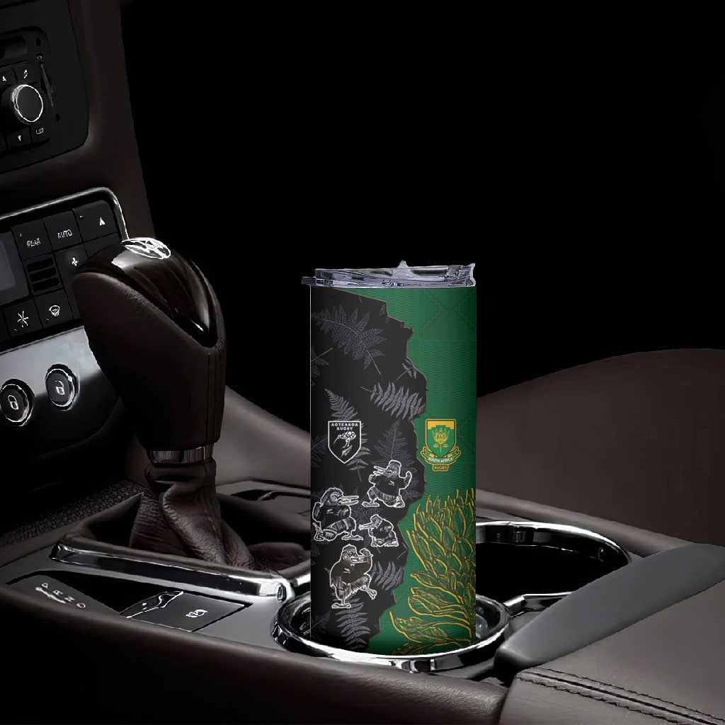 Custom Aotearoa South Africa Rugby Freedom Cup Skinny Tumbler Kiwi Warriors Haka with King Protea Symbol LT03