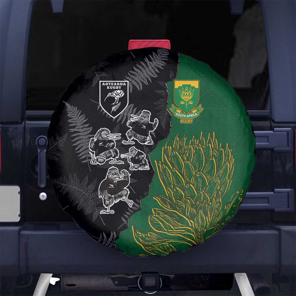 Aotearoa South Africa Rugby Freedom Cup Spare Tire Cover Kiwi Warriors Haka with King Protea Symbol LT03