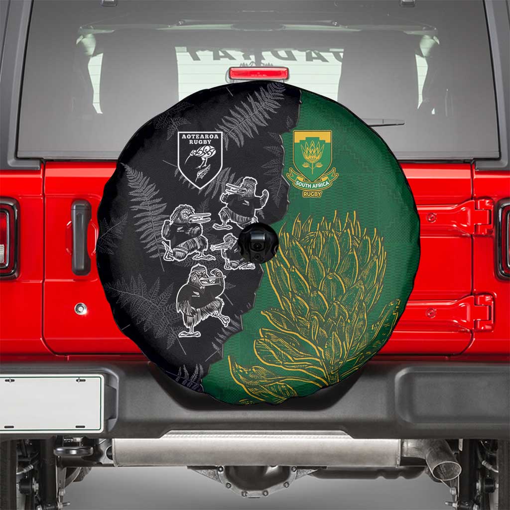 Aotearoa South Africa Rugby Freedom Cup Spare Tire Cover Kiwi Warriors Haka with King Protea Symbol LT03