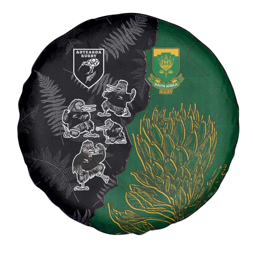 Aotearoa South Africa Rugby Freedom Cup Spare Tire Cover Kiwi Warriors Haka with King Protea Symbol LT03