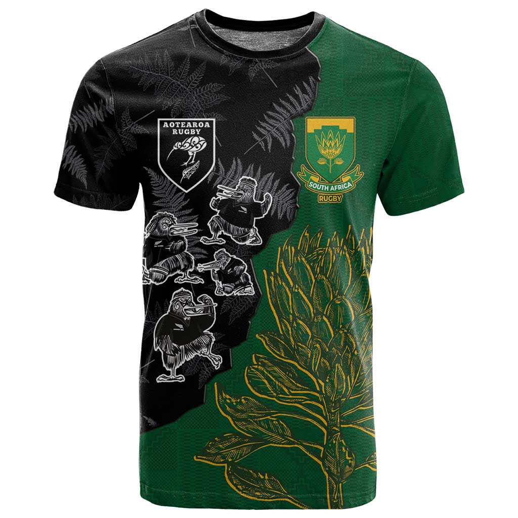 Custom Aotearoa South Africa Rugby Freedom Cup T shirt Kiwi Warriors Haka with King Protea Symbol LT03