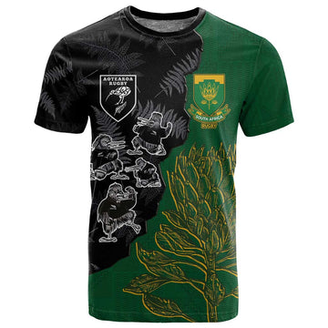Custom Aotearoa South Africa Rugby Freedom Cup T shirt Kiwi Warriors Haka with King Protea Symbol LT03
