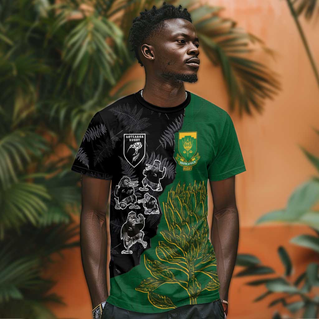 Custom Aotearoa South Africa Rugby Freedom Cup T shirt Kiwi Warriors Haka with King Protea Symbol LT03