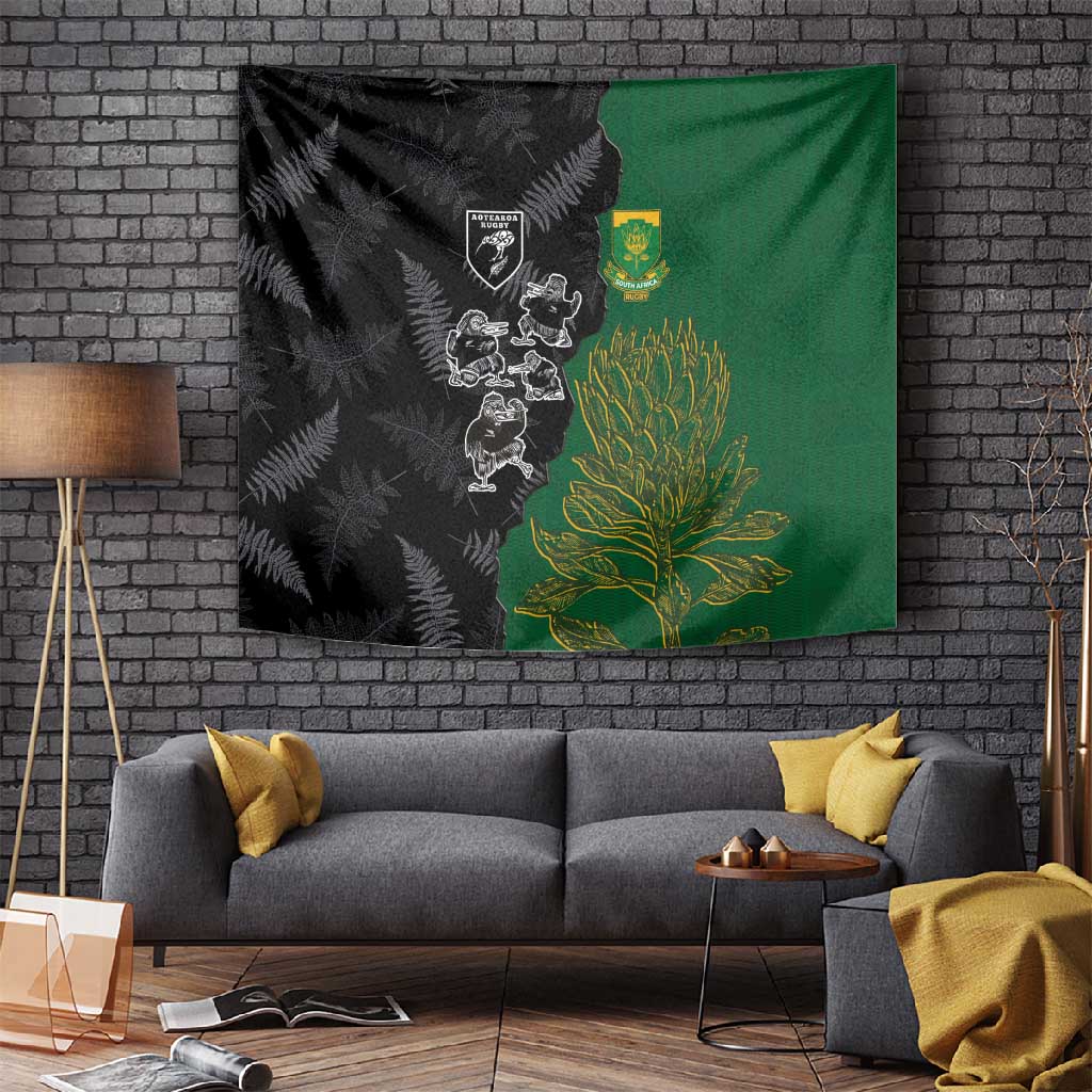 Aotearoa South Africa Rugby Freedom Cup Tapestry Kiwi Warriors Haka with King Protea Symbol LT03