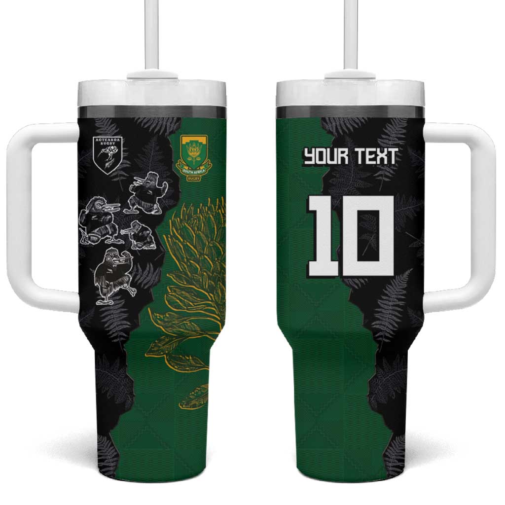 Custom Aotearoa South Africa Rugby Freedom Cup Tumbler With Handle Kiwi Warriors Haka with King Protea Symbol LT03