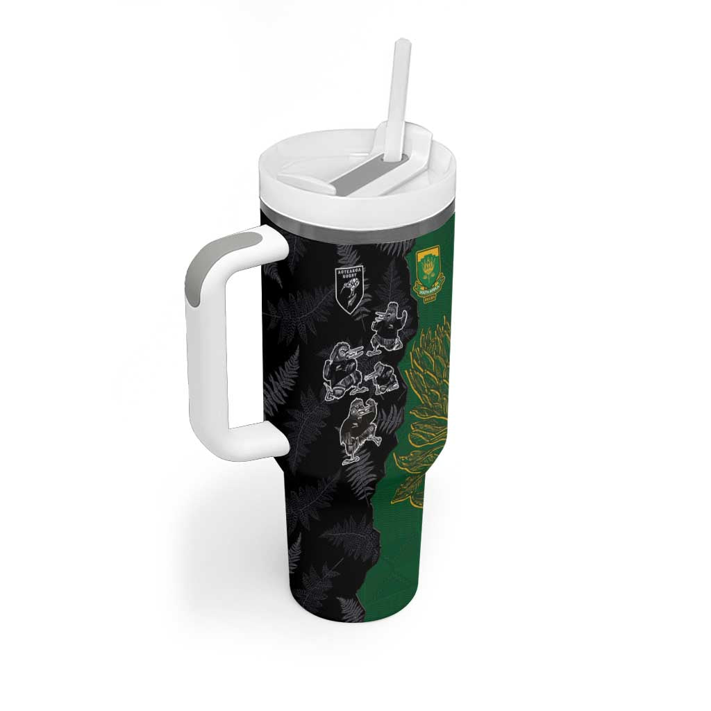 Custom Aotearoa South Africa Rugby Freedom Cup Tumbler With Handle Kiwi Warriors Haka with King Protea Symbol LT03