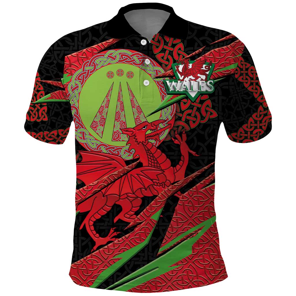 Welsh Celtic-Awen Polo Shirt Wales Y Ddraig Goch with Celtic Knot Sporty LT03