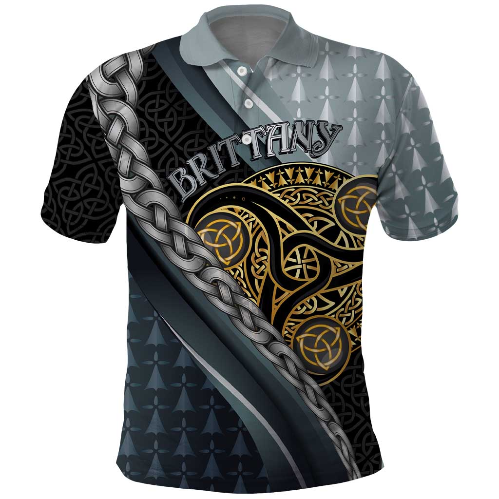 Brittany Triskele Celtic Polo Shirt Silver and Gold Sporty Style LT03