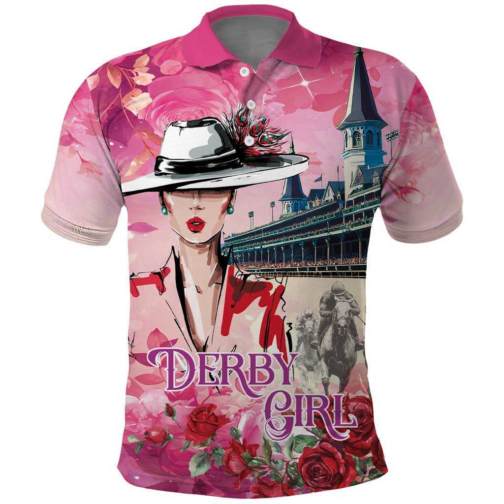 Kentucky Horses Racing Polo Shirt Churchill Downs Derby Girl Watercolor Style LT03