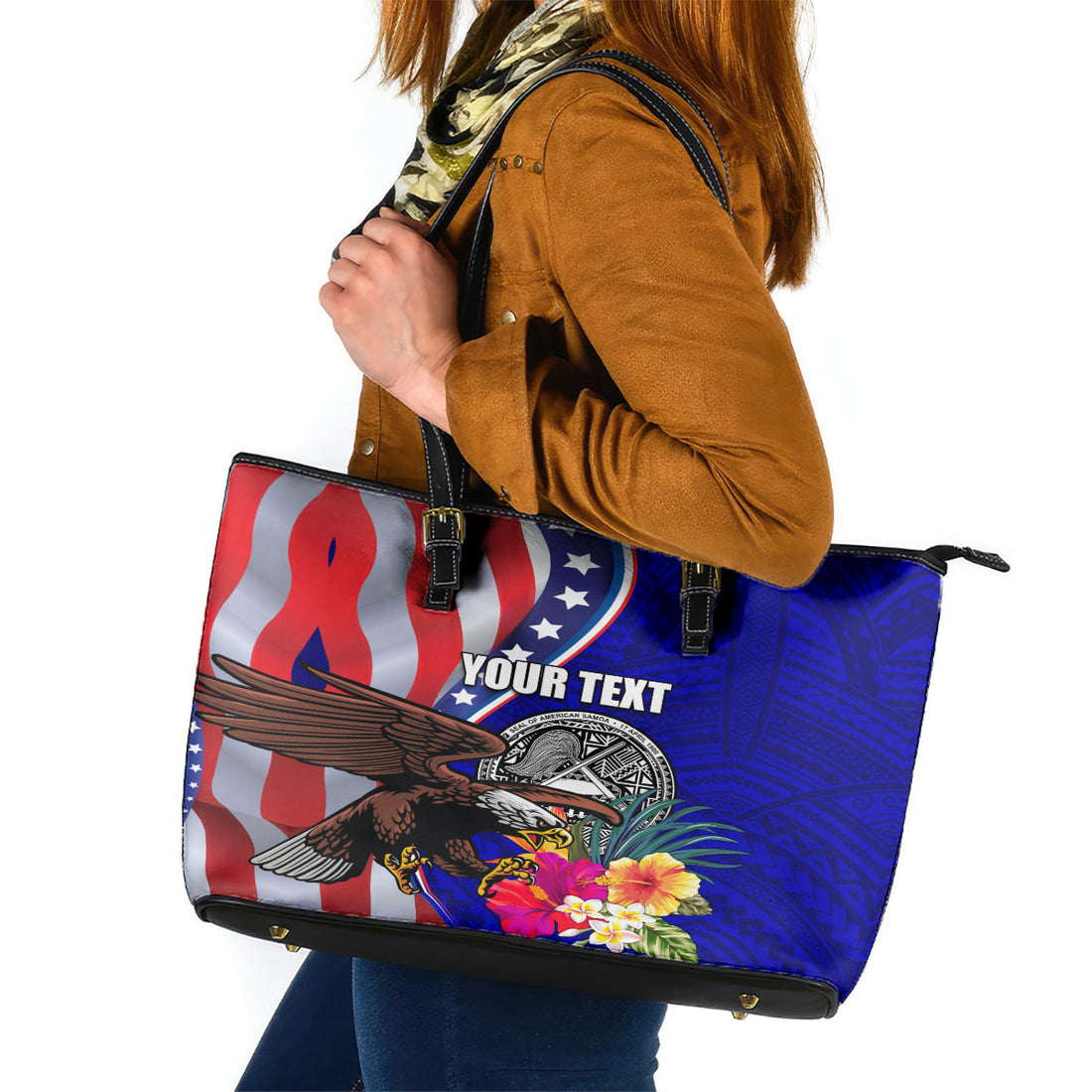 Personalised American Samoa and United States Leather Tote Bag Bald Eagle and Seal Hibiscus Polynesian Pattern LT03