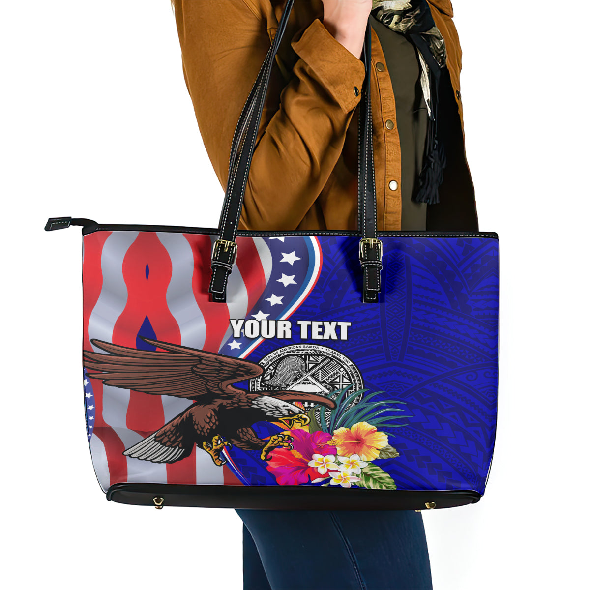Personalised American Samoa and United States Leather Tote Bag Bald Eagle and Seal Hibiscus Polynesian Pattern LT03