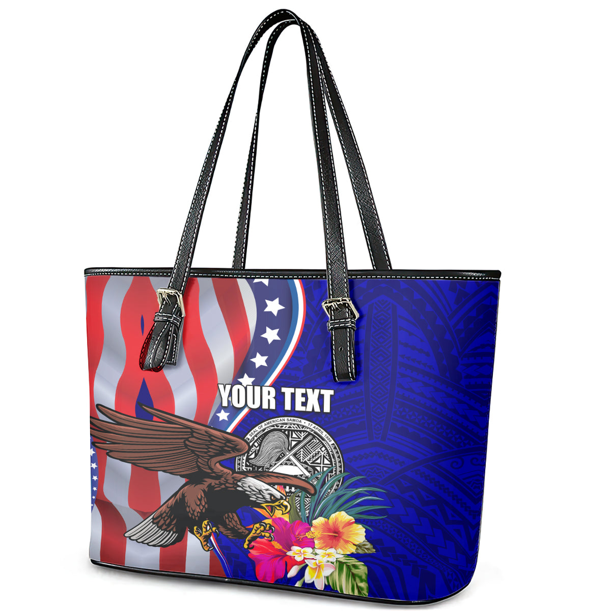 Personalised American Samoa and United States Leather Tote Bag Bald Eagle and Seal Hibiscus Polynesian Pattern LT03